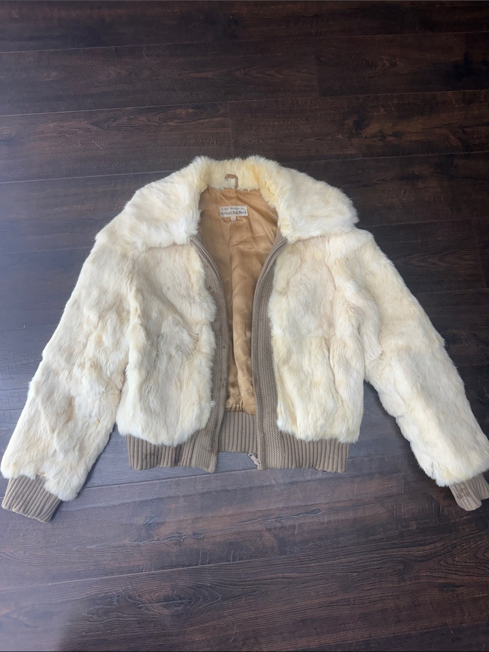 Ivory rabbit fur Bomber Jacket with Ribbed Trim